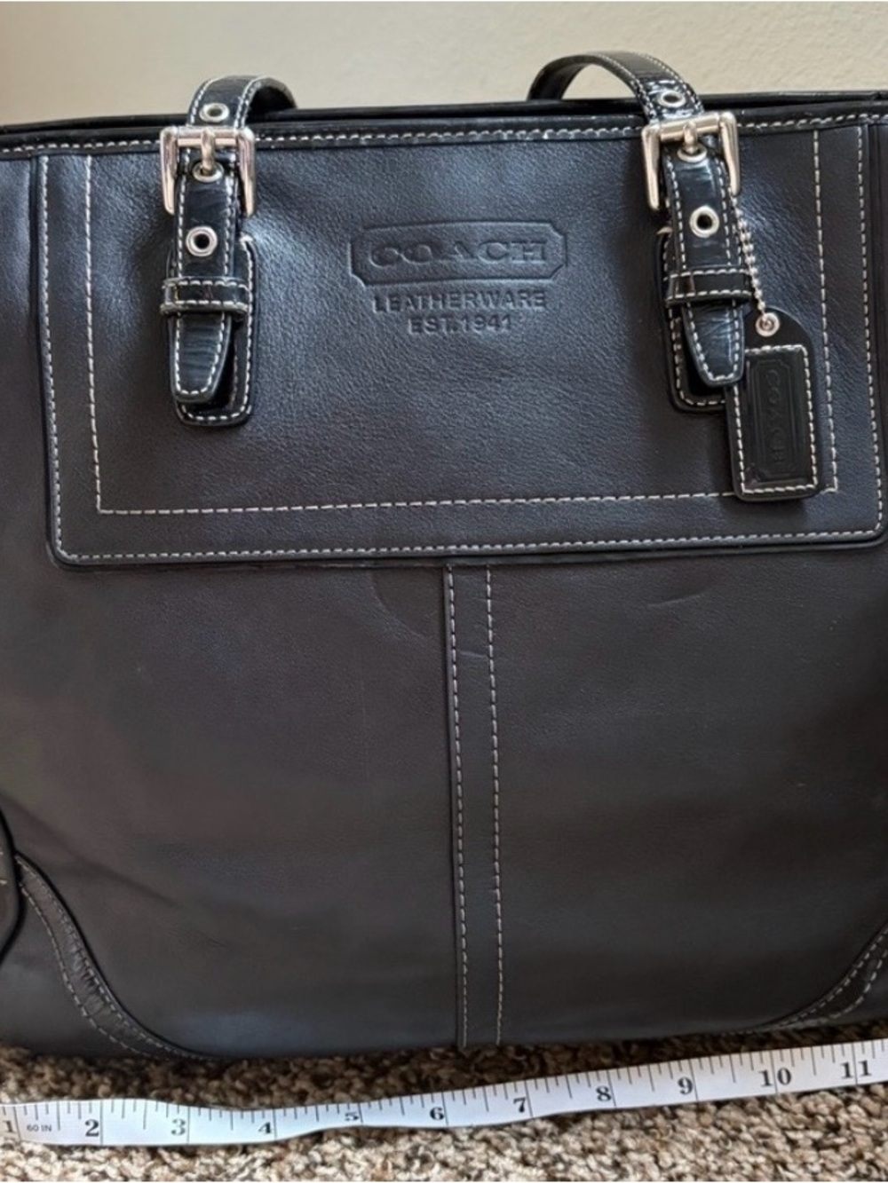 Coach Black Leather Tote with Contrast Stitching - Picture 8 of 11
